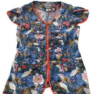 VTG Almatrichi Madrid Floral Bird Zip Front Top Ruffle Boho Neon Orange Trim 42